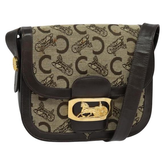 CELINE C Sulky Shoulder Bag Canvas Beige Gold Auth sw1120 - Picture 1 of 16